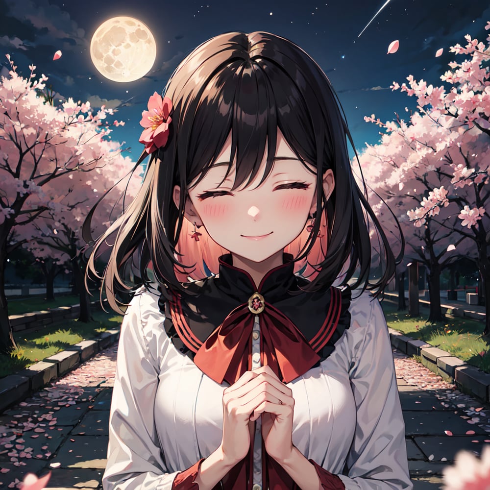 AI art ":)" for keywords 1girl, sakura tree, upper body, smile, blush, closed eyes, happy, falling petals, full moon, night sky