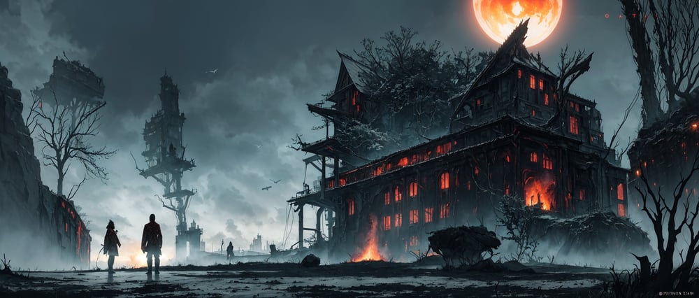 AI art "a group of people standing in front of a creepy house with a full moon in the background"