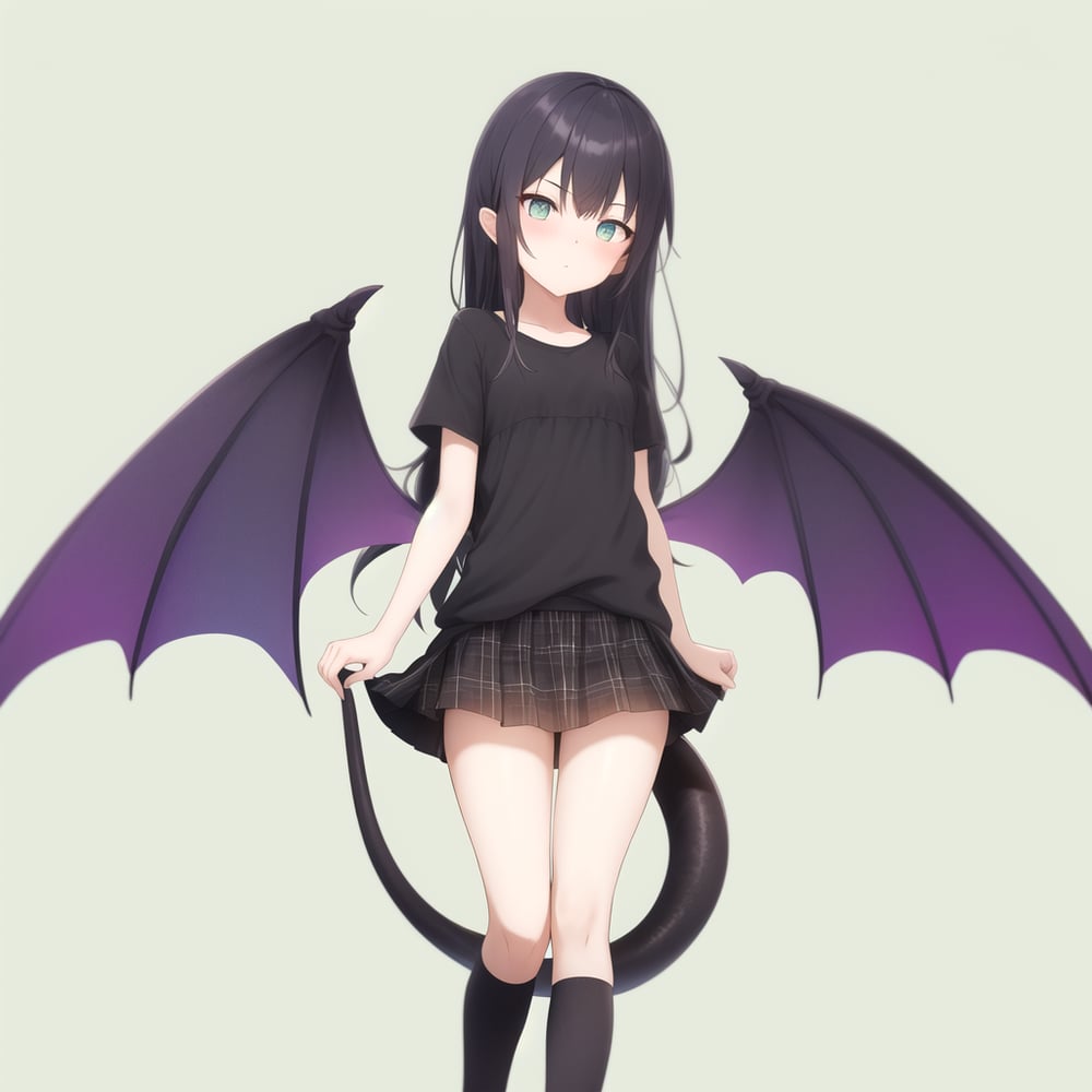 AI art "Lili" for keywords A 15 year old succubus with long black hair green eyes bat-like wings on her back and tail, wearing a shirt and dark skirt