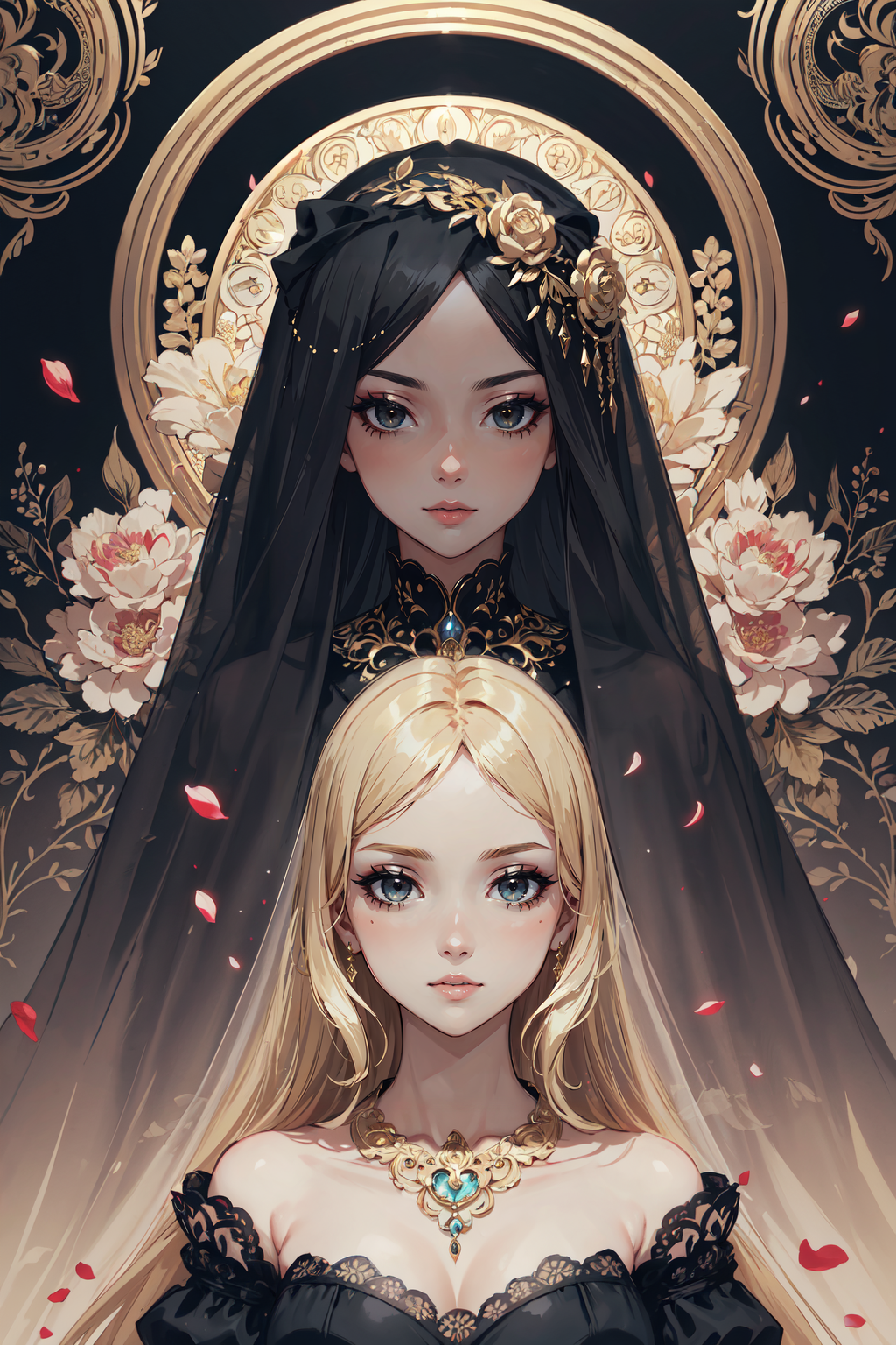 AI art "Ominous Presence" featuring #Original for keywords highly detailed, dark hues, black and gold, eyeliner