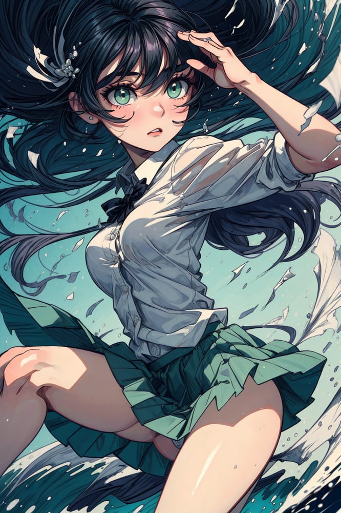 AI art "Girl surfing" for keywords 1girl,green skirt,blowing wind,semi long hiar,green eyes,school uniform,surfing