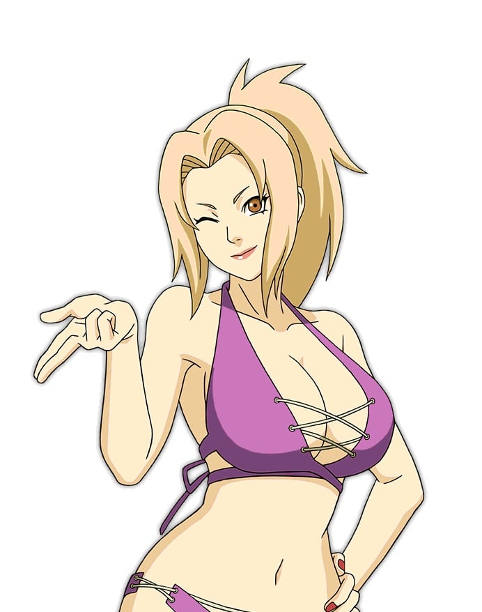 AI art "tsunade Bikini" for keywords tsunade(young), Bikini, smile, blonde hair, pony tail, naruto style, white background