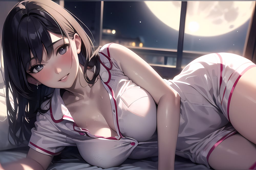 AI art "Good night" for keywords 1girl, blush, light smile, glow, collarbone, narrow waist, bedroom, window, moon, on side, (masterpiece), wallpaper, moonlight,