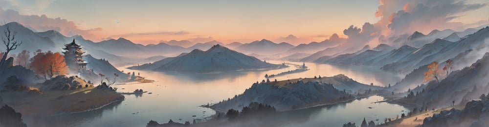 AI art "鏡湖春風入眼簾" for keywords river, cliff, dragon, birds| chinese dragon| horses, cloud, thousand miles, (mountains|lakes), distance village, farms, pagoda