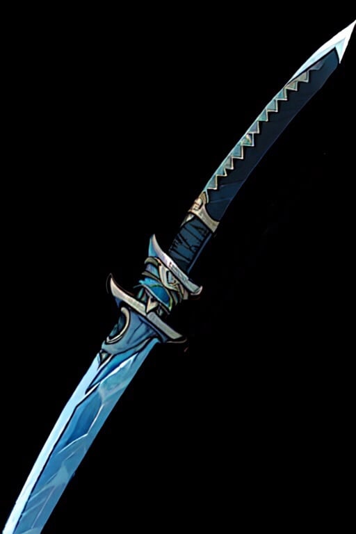 AI art "Curved hilt katana" generated with genshin/hoyo art style lora for keywords genshinweapon,(icy blue) straight edge katana,  