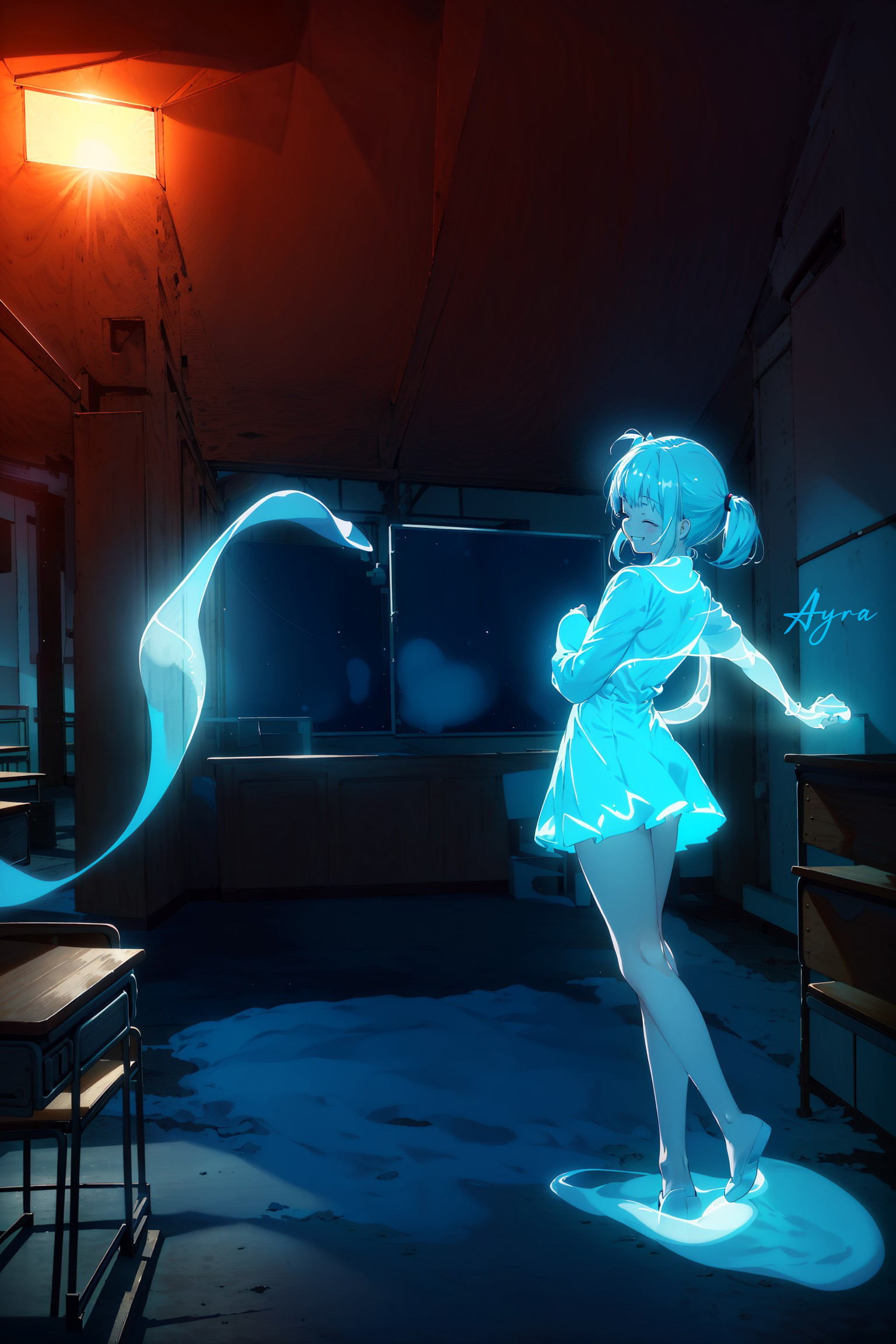 AI art "Ghost Girl" for keywords 1 girl, glowing, ghost girl, classroom, school uniform