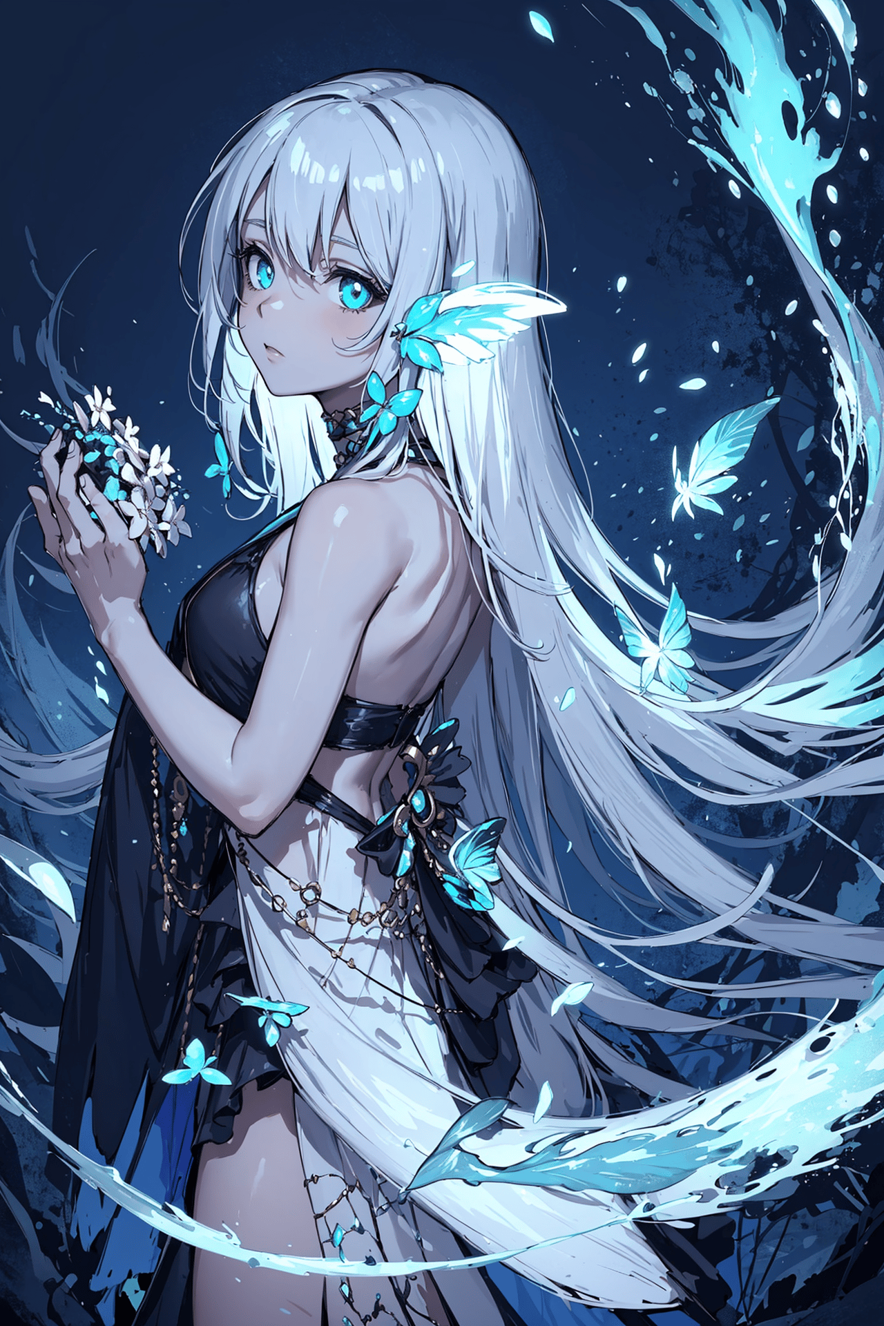 AI art "Blue Elf" for keywords 1 girl, elf, long blue hair, glowing ears