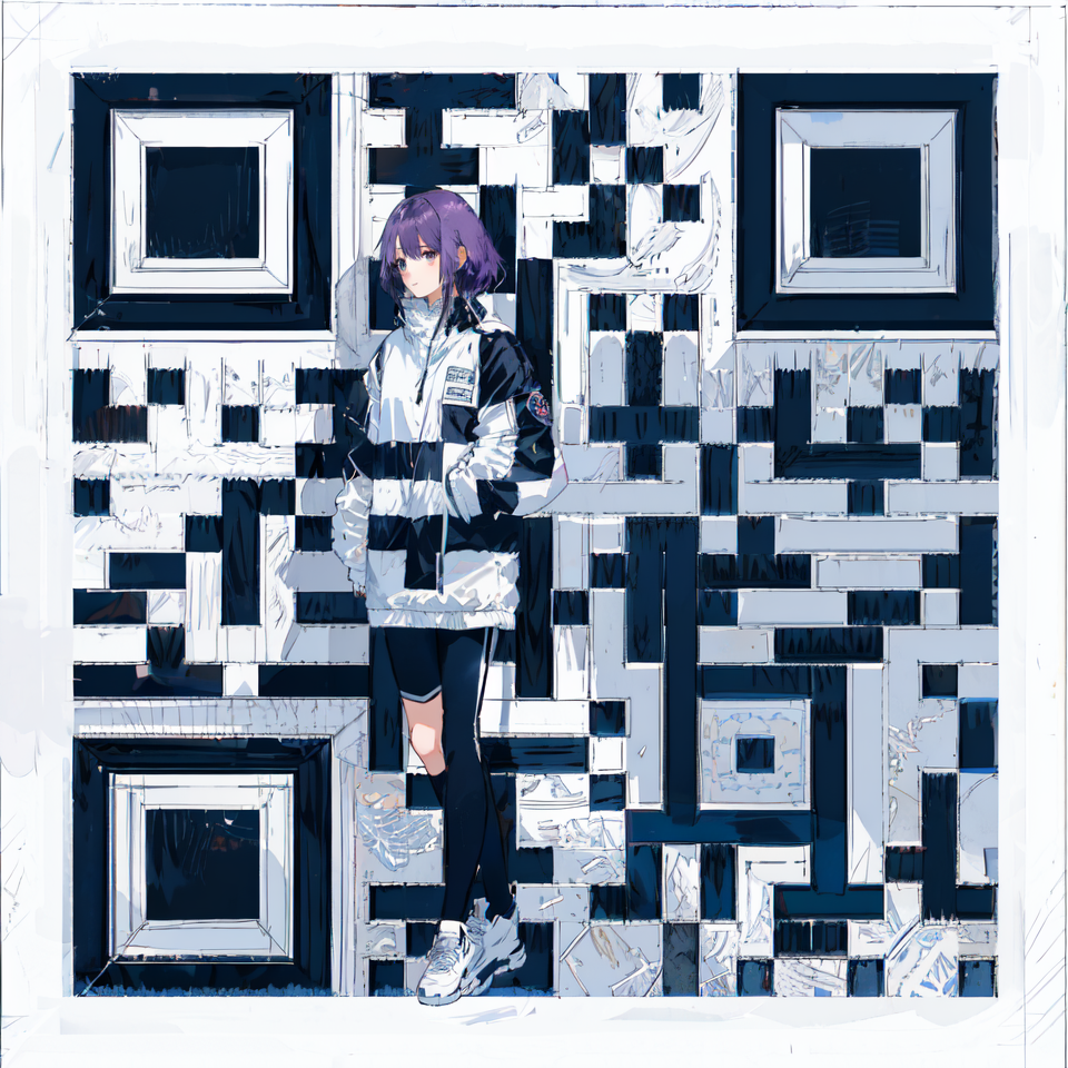AI art "QR girl" for keywords 1girl, purple hair, jacket 