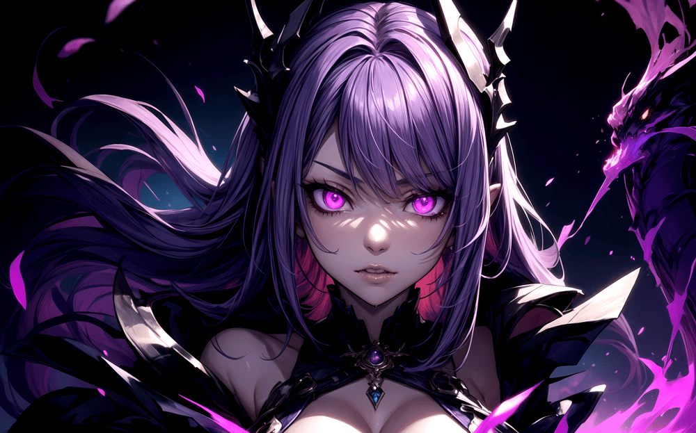 AI art "Eclipsia" for keywords (Dragon girl), ((beautiful)), sexy face, purple glowing eyes, more_details:1.5