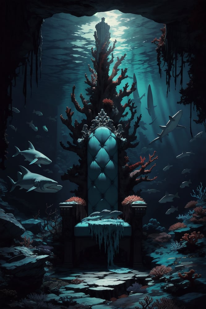 AI art "Throne" for keywords underwater grandiose gloomy throne, corals, rocks, sharks, horror theme,
