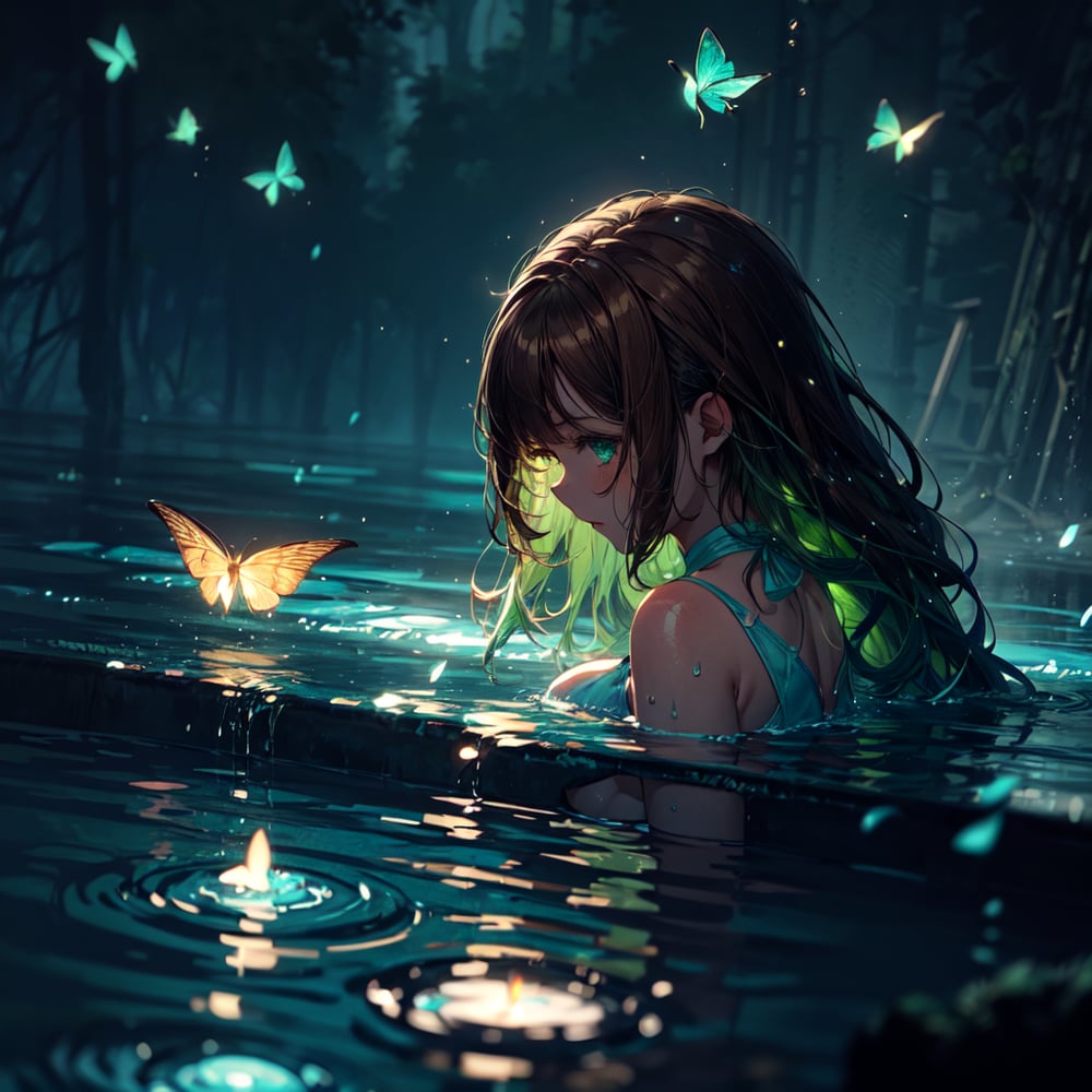 AI art "Night Swim" for keywords green glow, ((half body)), in water, brown hair, fireflies, semi long hair, green bikini, night
