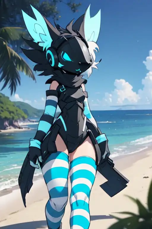 AI art "on a beach" for keywords voicemod protogen, striped thighhighs, striped arm warmers, on an island