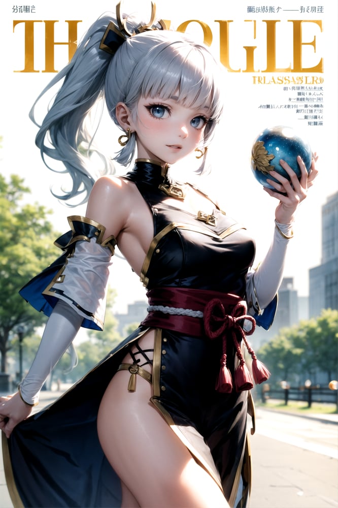 AI art "Ayaka || Cover Magazine" for keywords 1girl, kamisato ayaka, model, cowboy shot, outdoors, cover magazine, looking at viewer, japanese clothes, 