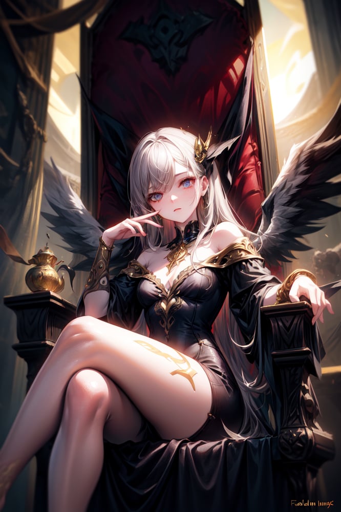 AI art "Fallen angle 2" for keywords 1girl, fallen angel, ornate,  throne, dusk, crossed legs, off shoulder, golden and black dress, <lora:more_details:1>