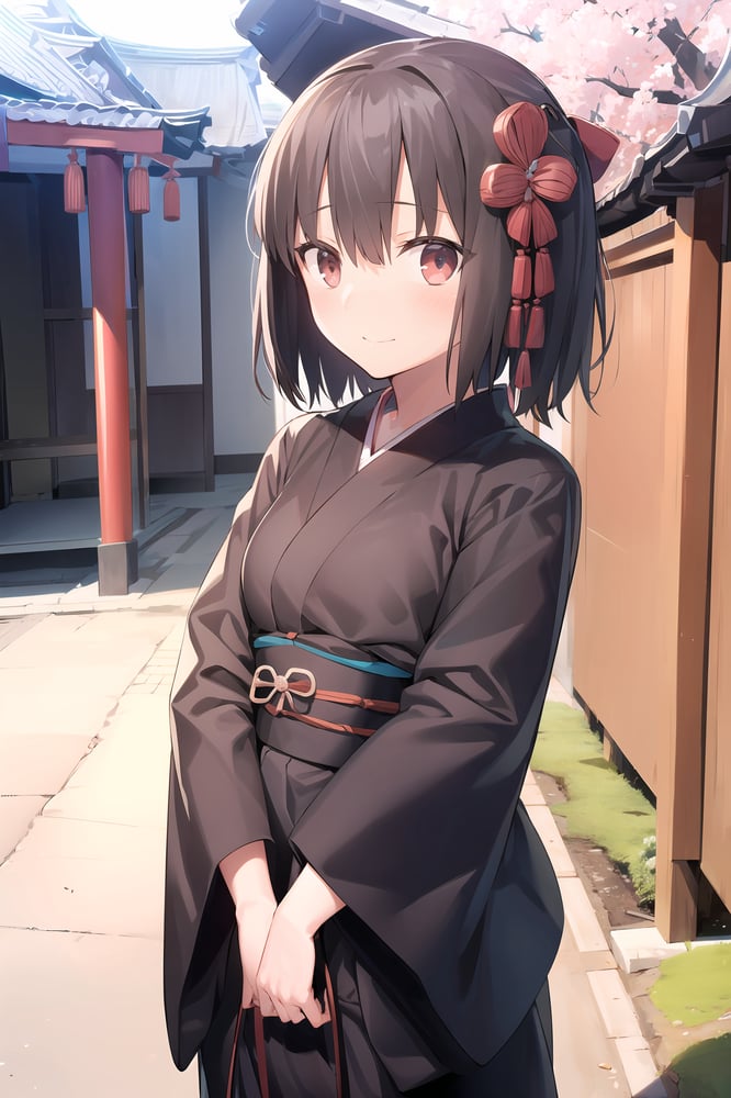 AI artwork for keywords 1girl, rin tosaka, full body black kimono, shrine, sakura,  scenery