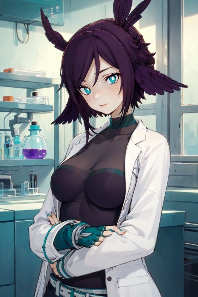 AI art "For Science!" for keywords 1girl, nadia, upper body, purple hair, aqua eyes, default clothes, laboratory, <lyco:nadia4:1>