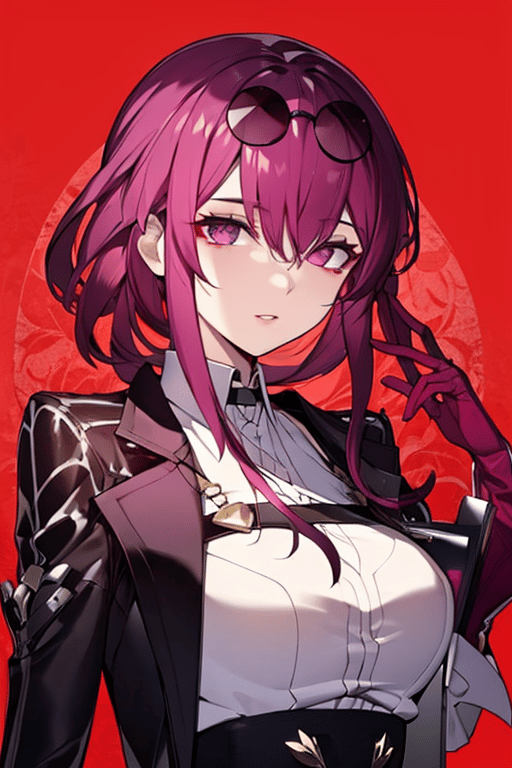 AI artwork for keywords star-kafka, eyewear on head, purple hair, sunglasses, red gloves, hair between eyes
