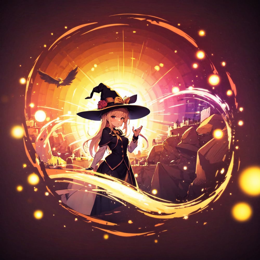 AI art "witch portal" for keywords 1girl, witch, witch head, portal, circles, bokeh, magic, sparkles, detailed background, long hair, expressionless, swirls