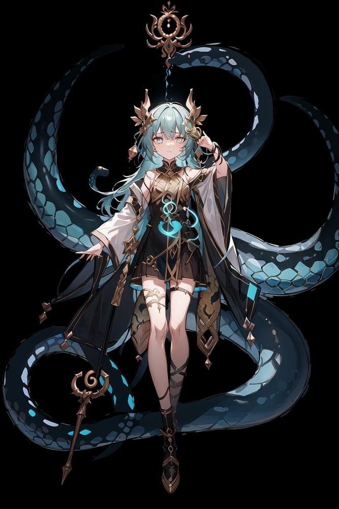AI art "Snake Goddess" for keywords 1 girl, snake goddess, staff, snake in background, dark background
