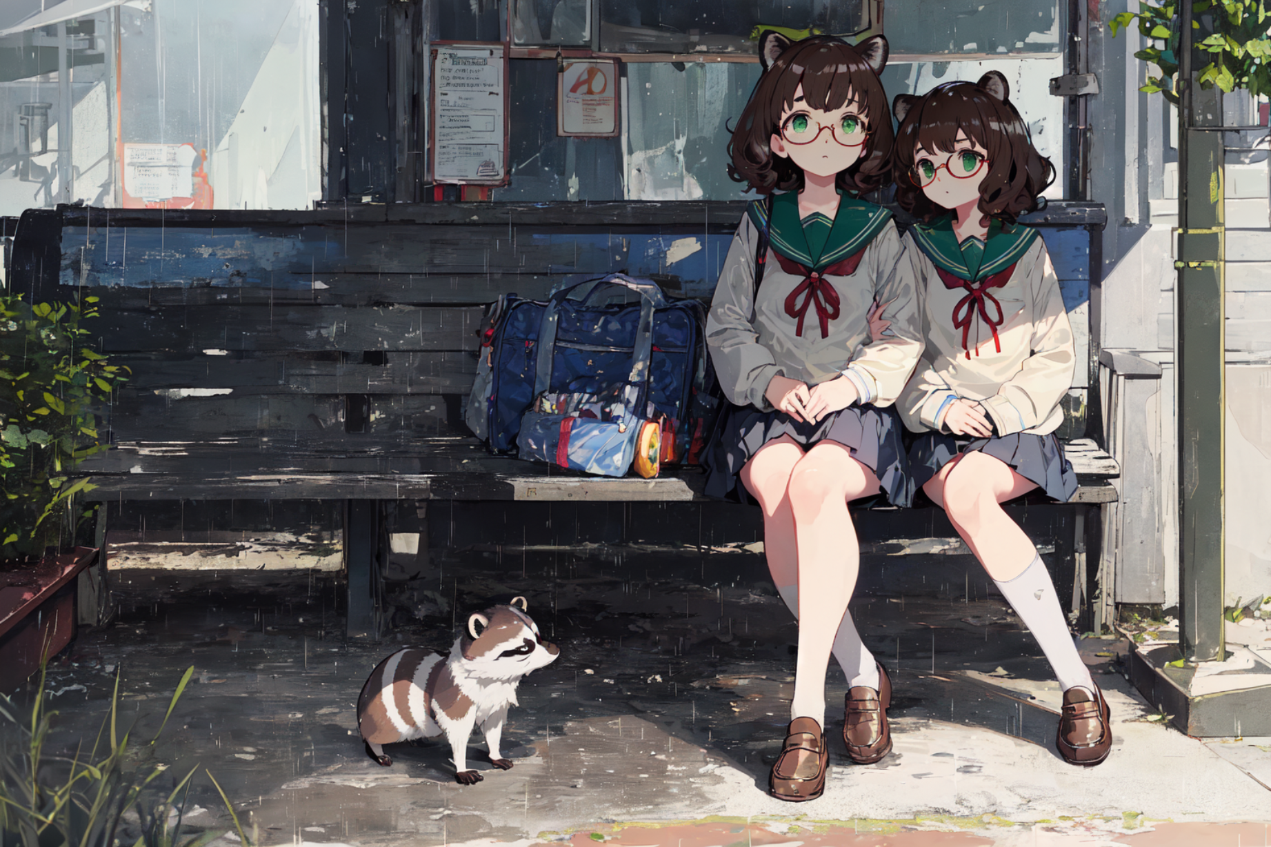 AI art "バス停にて　+a"