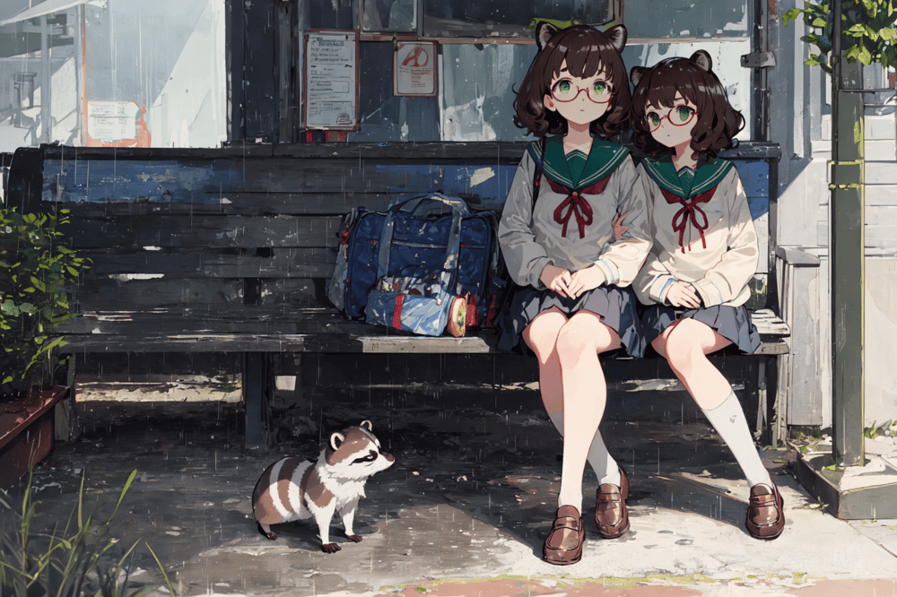 AI art "バス停にて　+a"