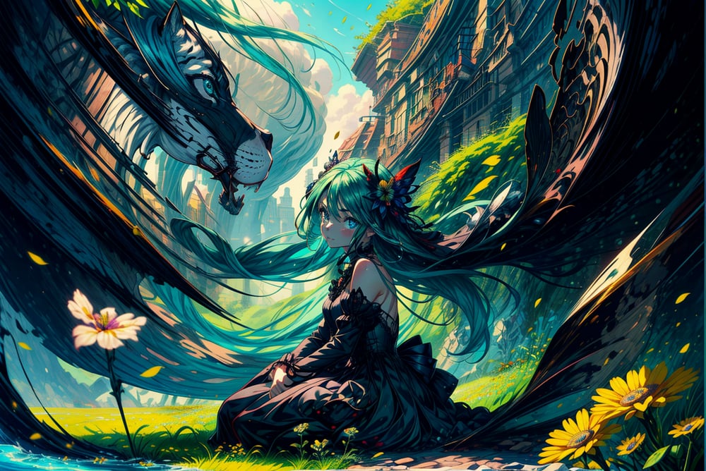 AI art "is that a horse or a dog? :)" for keywords 1 girl. sitting in the grass, facing a forest creature, aqua hair, blue eyes, intricate dress, masterpiece.