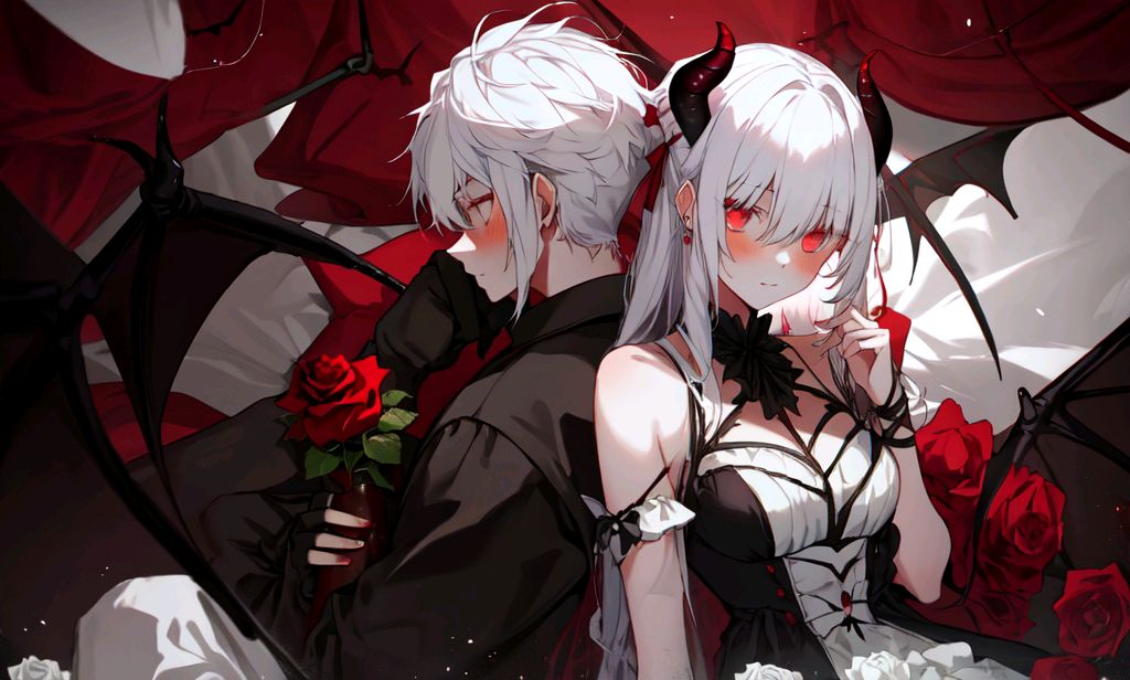 AI art "Cinta Iblis" for keywords demons, boy and girl, fantasy, white hair, rose decorated, love couple,