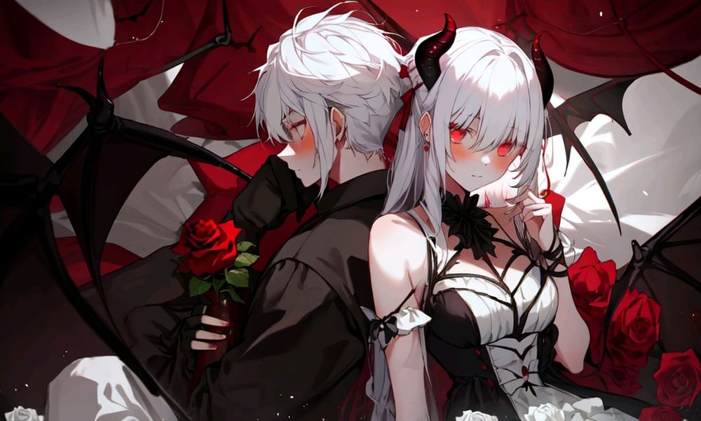 AI art "Cinta Iblis" for keywords demons, boy and girl, fantasy, white hair, rose decorated, love couple,