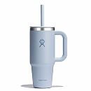 Insulated tumbler with handle and straw.