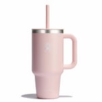 Insulated tumbler with handle and straw.