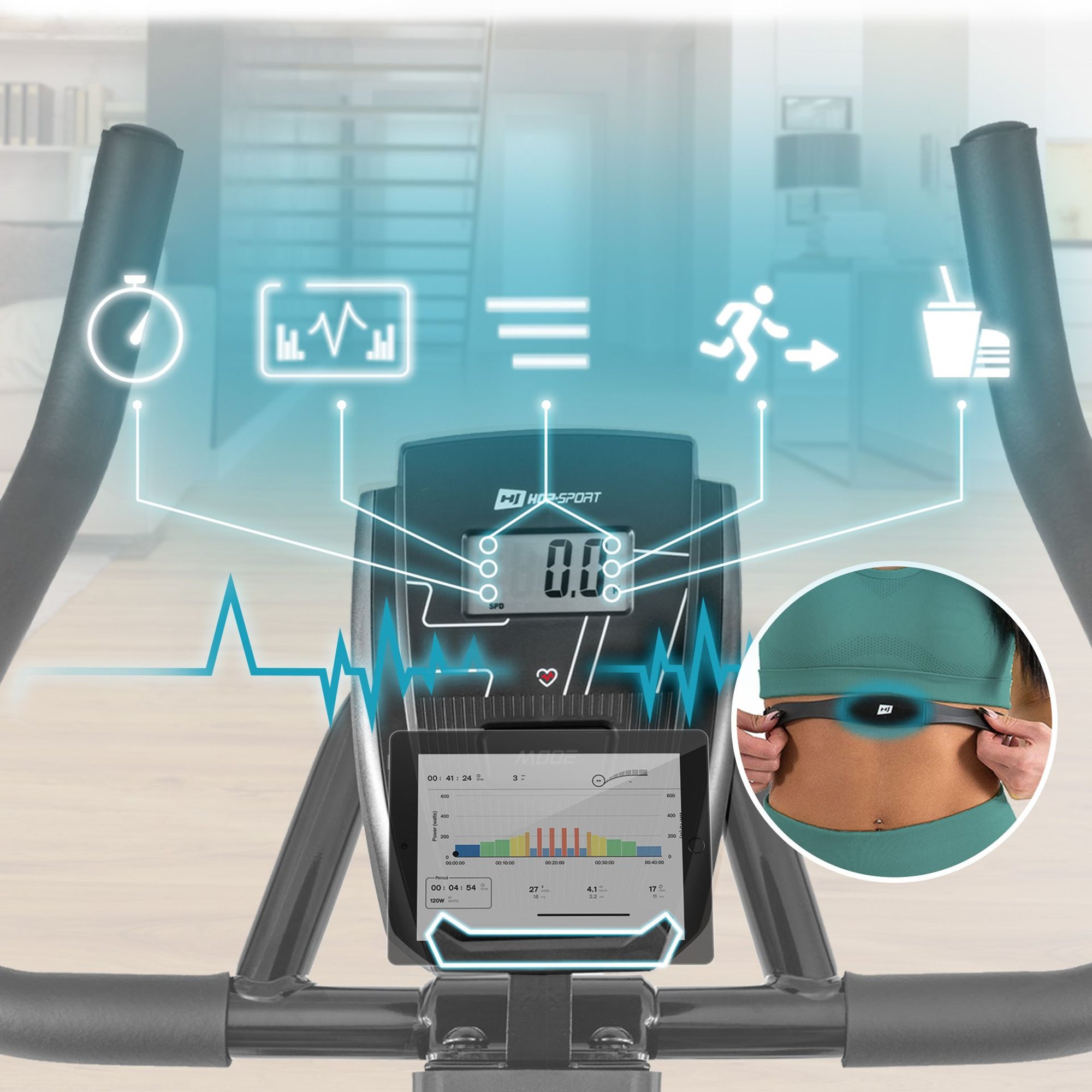 Trainingscomputer des Indoor Bikes zeigt Geschwindigkeit, Zeit und Kalorienverbrauch