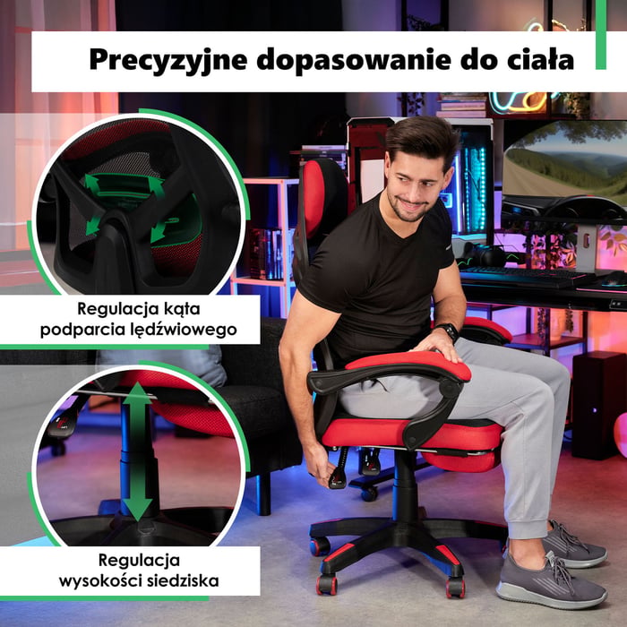 Z myślą o Twoim zdrowiu i wygodzie, fotel obrotowy Sporte wyposażyliśmy w ruchome podłokietniki oraz regulowany odcinek lędźwiowy