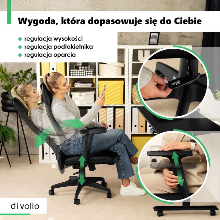 Oparcie fotela biurowego Adelo wykonane z wytrzymałego materiału PVC zapewnia stabilne podparcie dla pleców