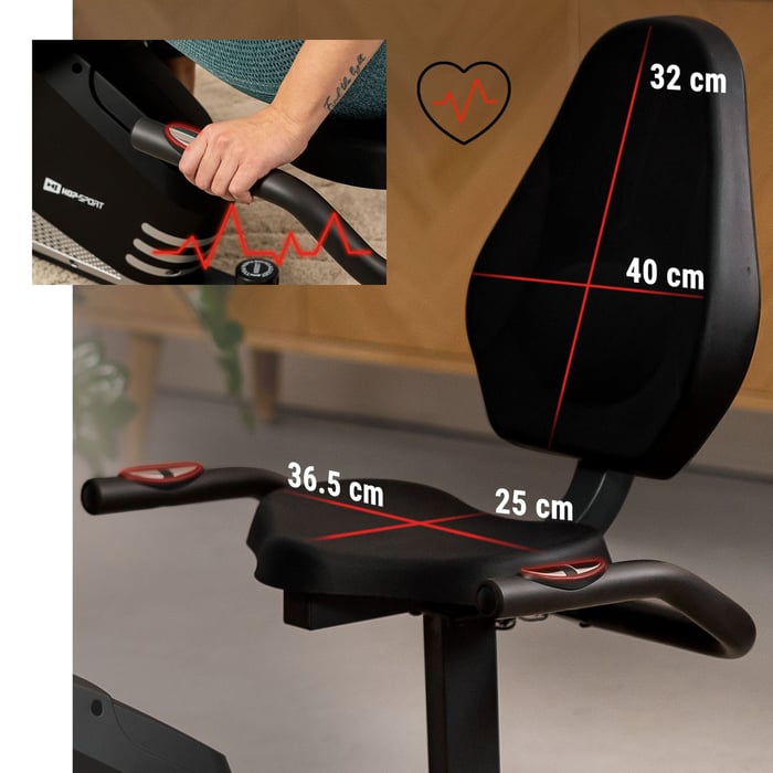 Großer und bequemer Sitz mit Abmessungen. Neben an den Griffen befinden sich die Pulssensoren. 