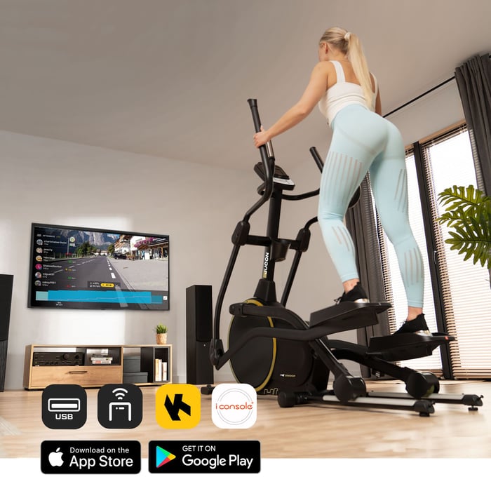 Wielofunkcyjny komputer treningowy orbitreka HS-250CF Jucon z dedykowanymi aplikacjami treningowymi