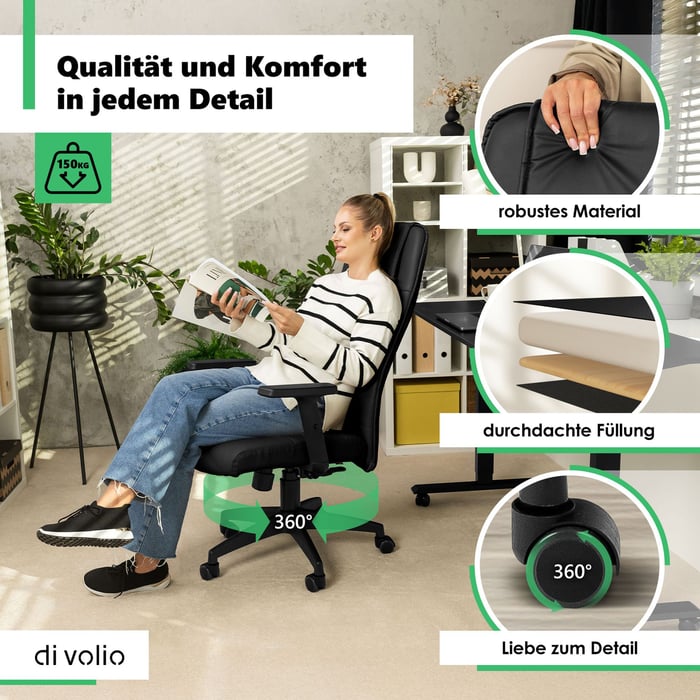 Eleganter Bürostuhl Adelo in Schwarz von di volio. Ergonomischer Schreibtischstuhl mit Rollen 