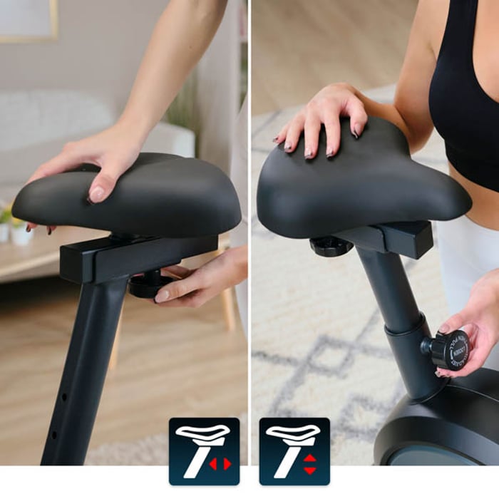 Horizontale und vertikale Einstellung des Sattels für optimale Sitzposition beim Heimtraining