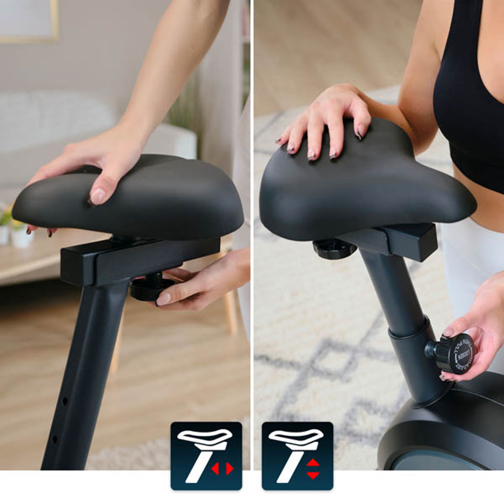 Höhen- und Sitzverstellung des Heimtrainer-Sattels Hop-Sport Spark