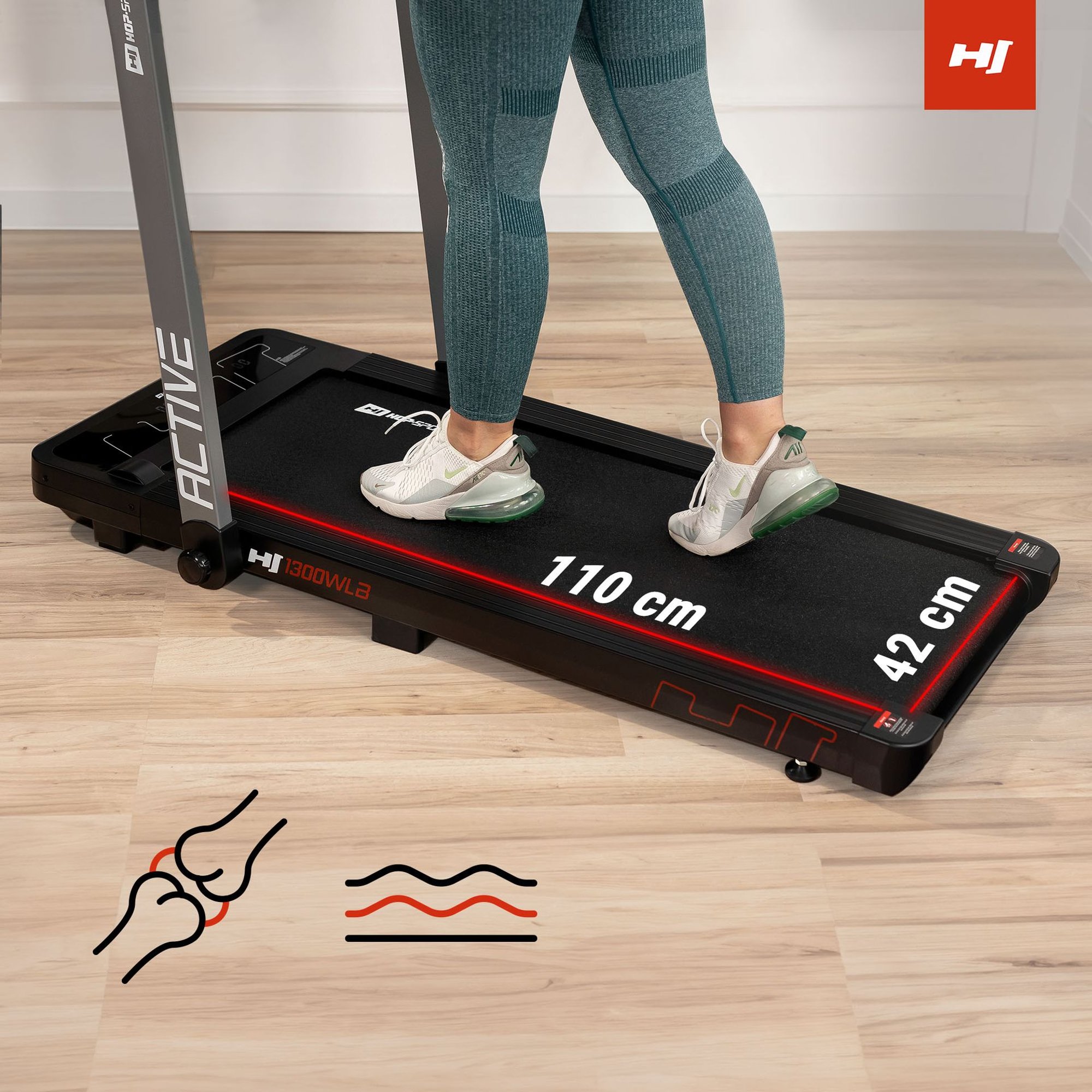 Bieżnia domowa HS-1300WLB Active posiada wielowarstwowy pas biegowy i system amortyzacji