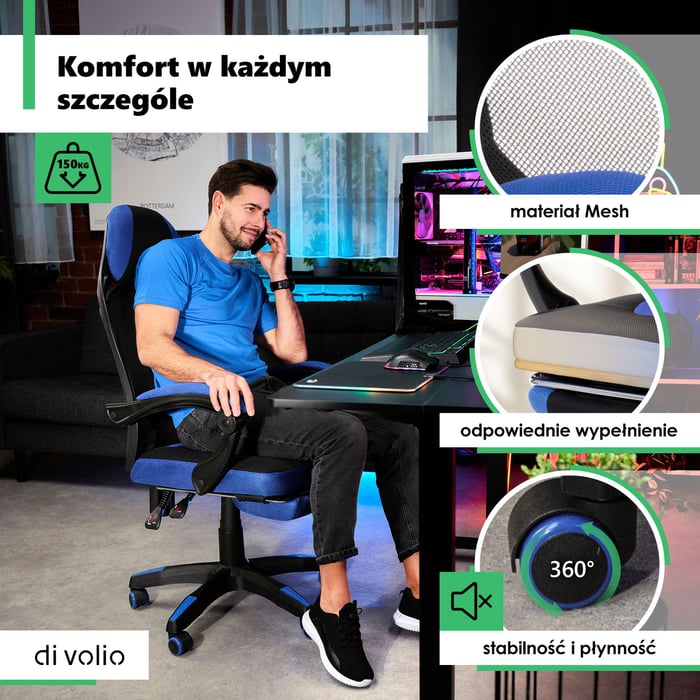 Materiał mesh, z którego wykonano oparcie, zagłówek oraz podnóżek