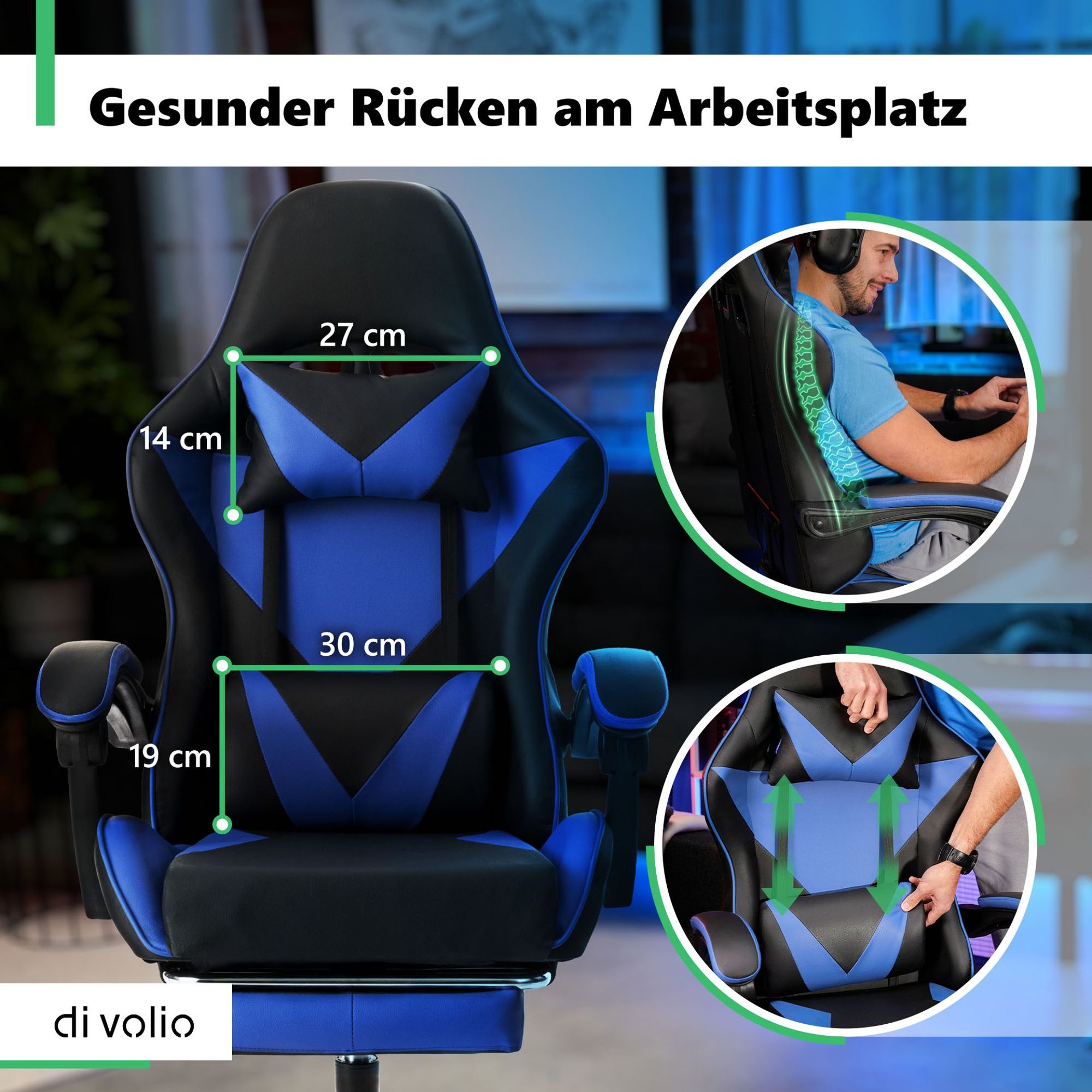 Ergonomischer Gamingstuhl Ragazo in Blau di volio