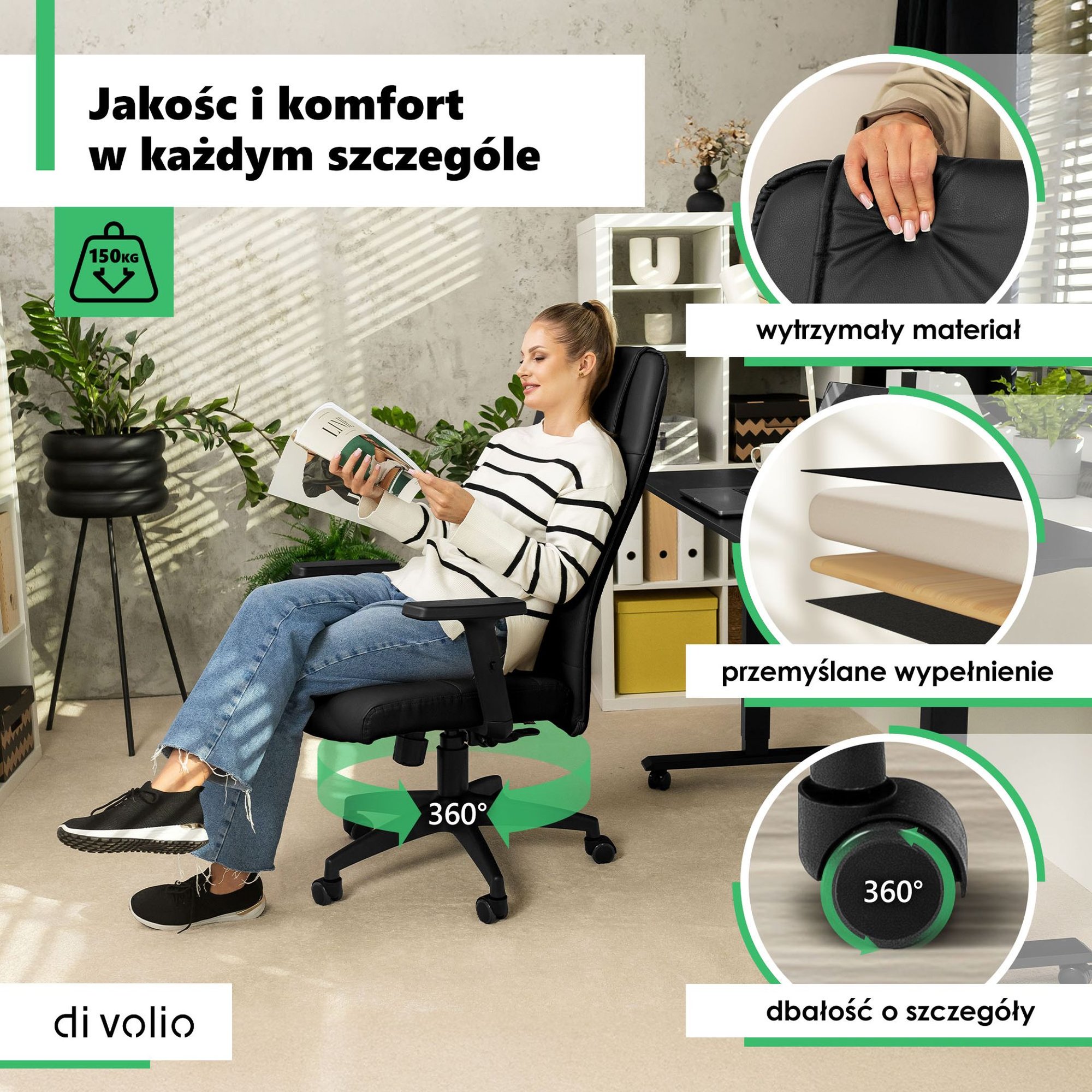 Elegancka, czarna tapicerka z materiału PVC sprawia, że fotel Adelo świetnie prezentuje się w każdym domowym biurze