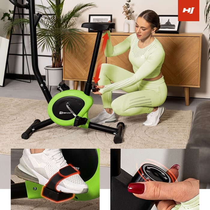 Rower treningowy HS-010H Rio limonkowy wyposażony w wygodne siodełko z regulacją pionową oraz bezstopniową regulację oporu