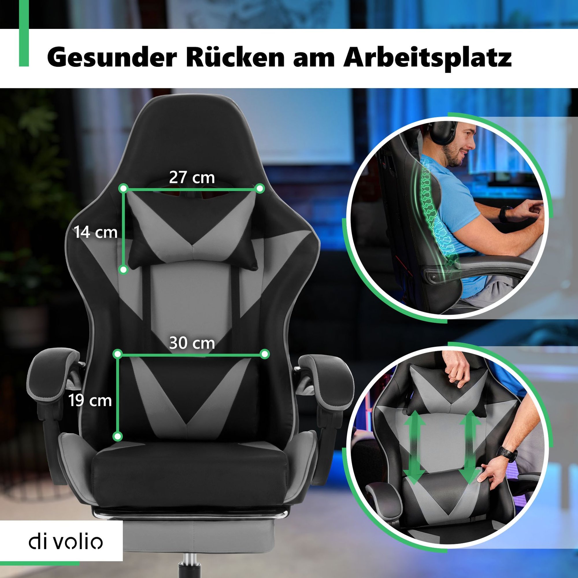 Ergonomischer Gamingstuhl Ragazo in Grau di volio