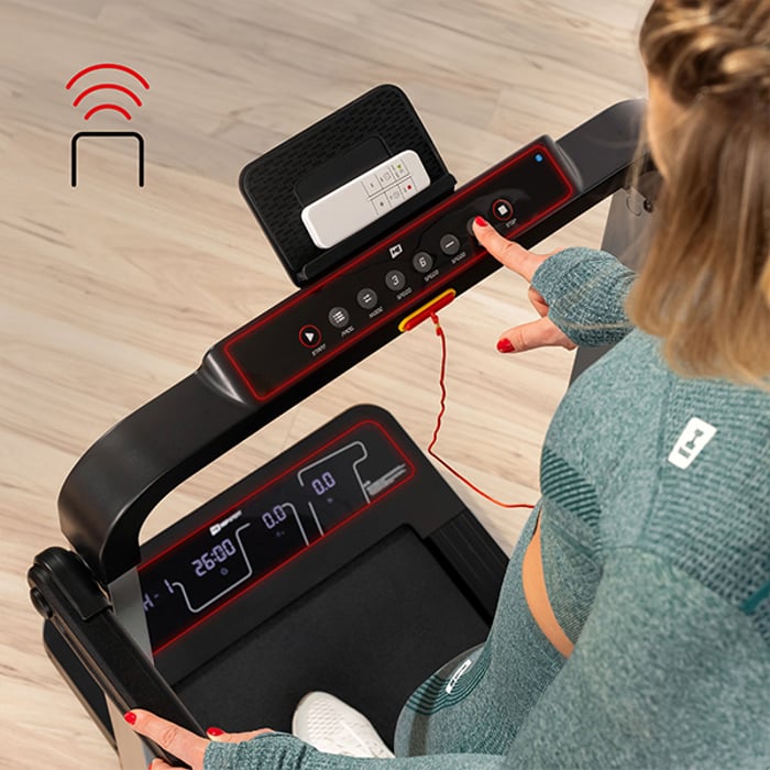 Laufband HS-1300WLB: gut lesbares Display, Fernbedienung & Halterung für Smartphone oder Tablet