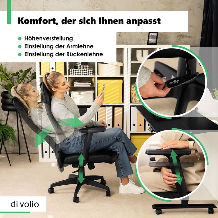 Die Rückenlehne des Schreibtischstuhls Adelo ist aus strapazierfähigem PVC-Material gefertigt und bietet eine stabile Unterstützung für den Rücken