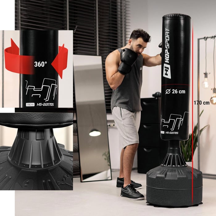 Grafika pokazuje całkowity wymiar worka bokserskiego o wysokości 170cm marki Hop-Sport