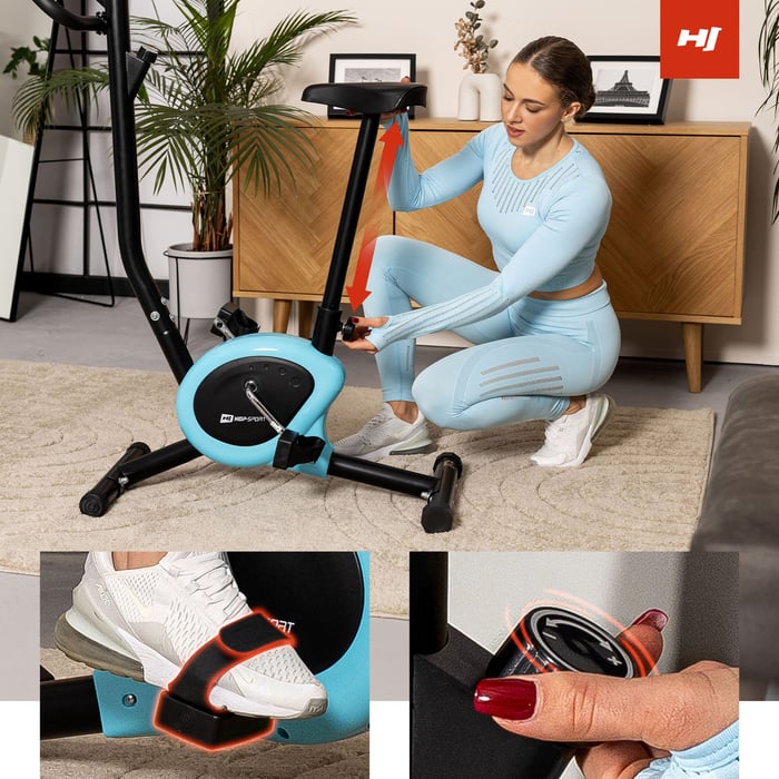 Vrouw stelt het zadel van de hometrainer handmatig in, close-ups van antislip pedalen en weerstandsknop
