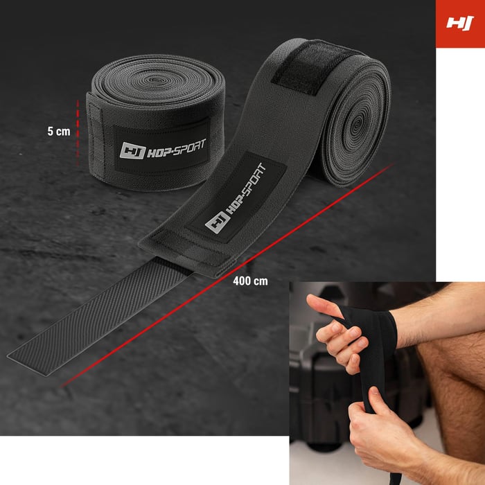 Wymiary i wygodny zaczep na kciuk w czarnych owijkach bokserskich marki Hop-Sport