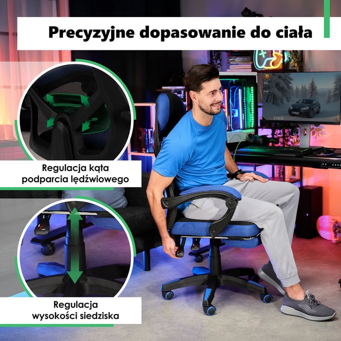 fotel obrotowy Sporte wyposażyliśmy w ruchome podłokietniki oraz regulowany odcinek lędźwiowy